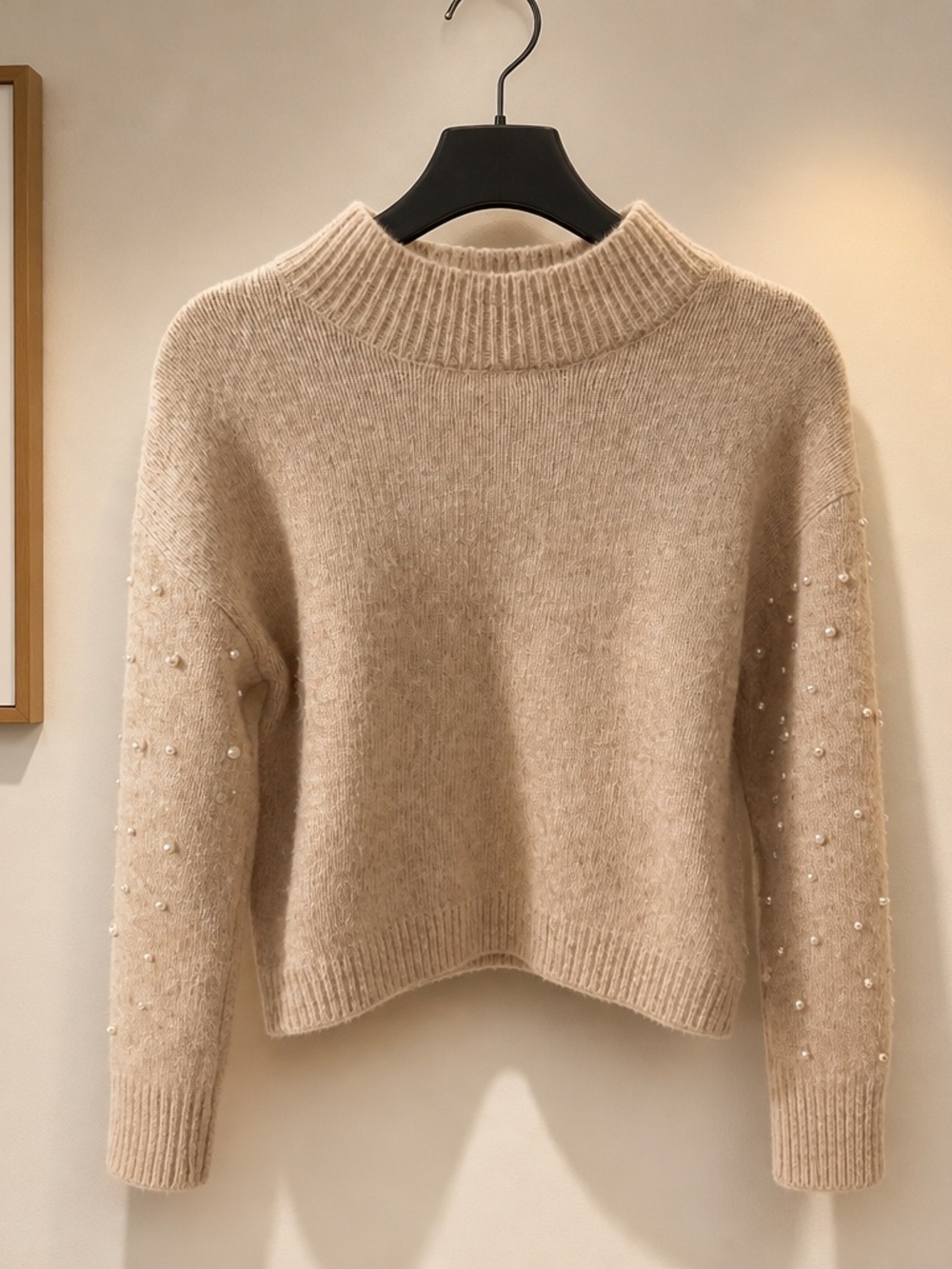 Zara Cream Mock Neck Sweater with Pearl-Detail Sleeves